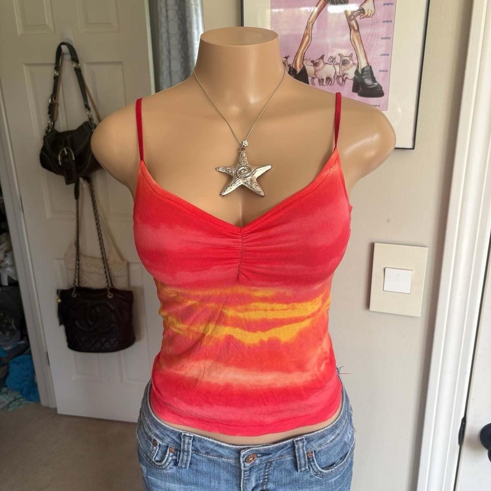 y2k 2000s Guess red orange tie dye mesh cami top